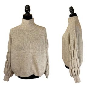 Lulu's Live Laugh and Cozy Beige Tan Tiered Puff Sleeves Turtleneck Sweater S